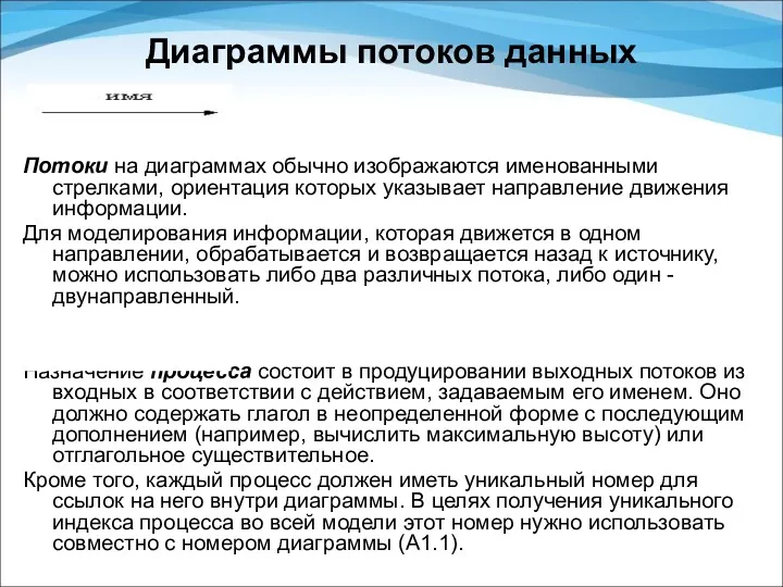 Диаграммы потоков данных Потоки на диаграммах обычно изображаются именованными стрелками, ориентация которых указывает