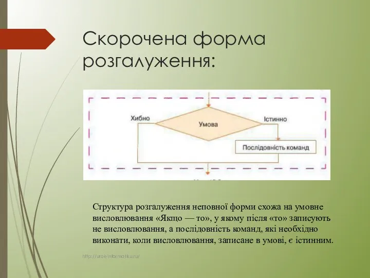 Скорочена форма розгалуження: Структура розгалуження неповної форми схожа на умовне