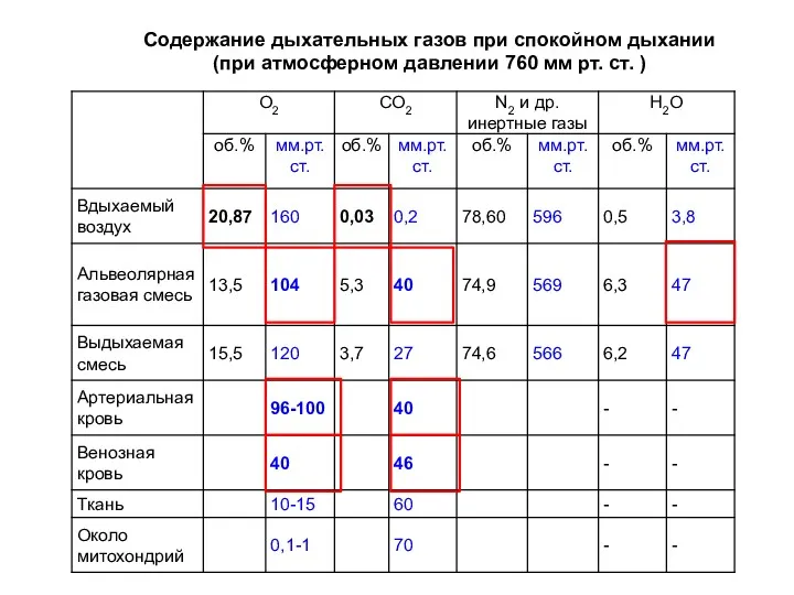 Содержание дыхательных газов при спокойном дыхании (при атмосферном давлении 760 мм рт. ст. )