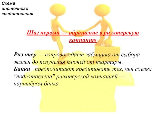 Шаг первый — обращение в риэлтерскую компанию Риэлтер — сопровождает заёмщика от выбора