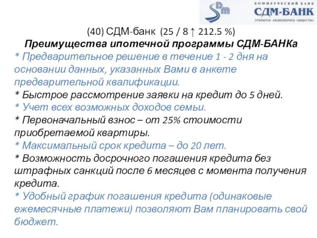 (40) СДМ-банк (25 / 8 ↑ 212.5 %) Преимущества ипотечной программы СДМ-БАНКа *