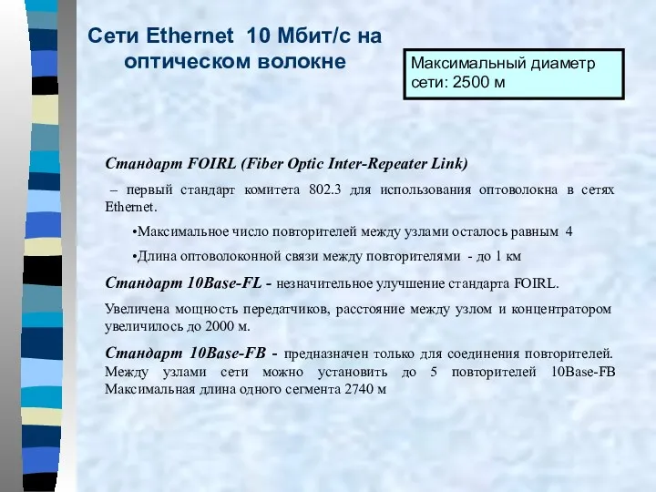 Сети Ethernet 10 Мбит/с на оптическом волокне Стандарт FOIRL (Fiber