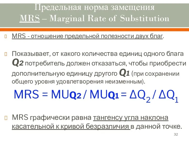 Предельная норма замещения MRS – Marginal Rate of Substitution MRS