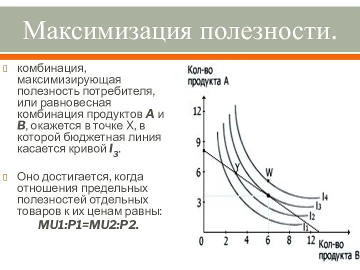 Максимизация полезности. комбинация, максимизирующая полезность потребителя, или равновесная комбинация продуктов