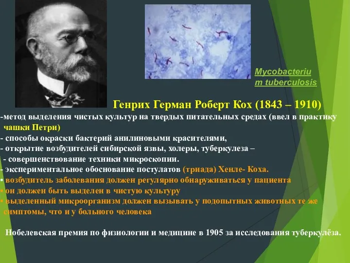 Mycobacterium tuberculosis Генрих Герман Роберт Кох (1843 – 1910) метод