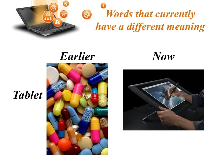 Words that currently have a different meaning Tablet Earlier Now