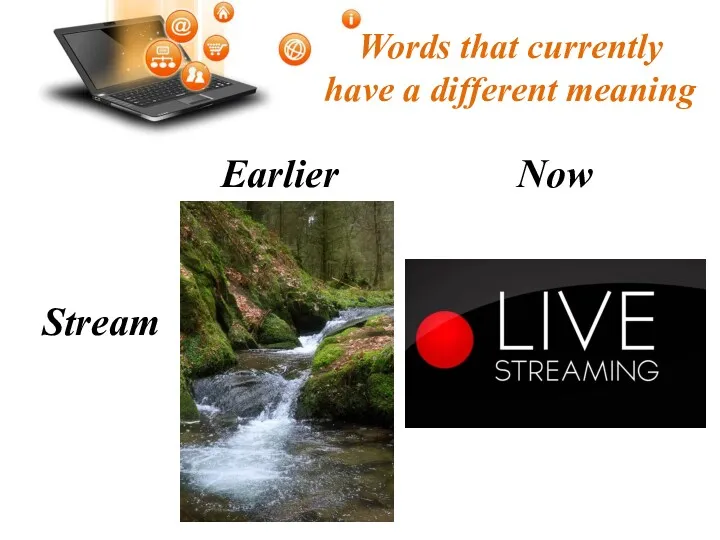 Words that currently have a different meaning Stream Earlier Now