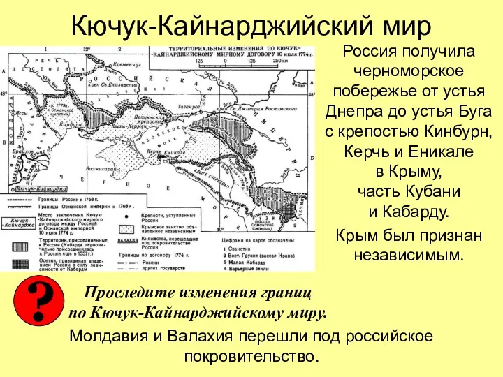 Кючук-Кайнарджийский мир Россия получила черноморское побережье от устья Днепра до
