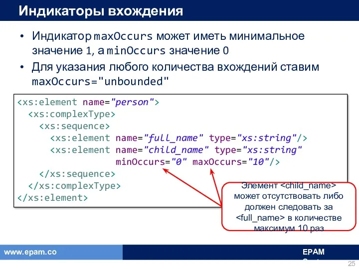 Индикаторы вхождения Индикатор maxOccurs может иметь минимальное значение 1, а