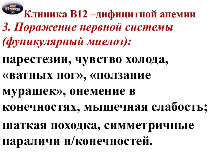 Клиника В12 –дифицитной анемии 3. Поражение нервной системы (фуникулярный миелоз): парестезии, чувство холода,