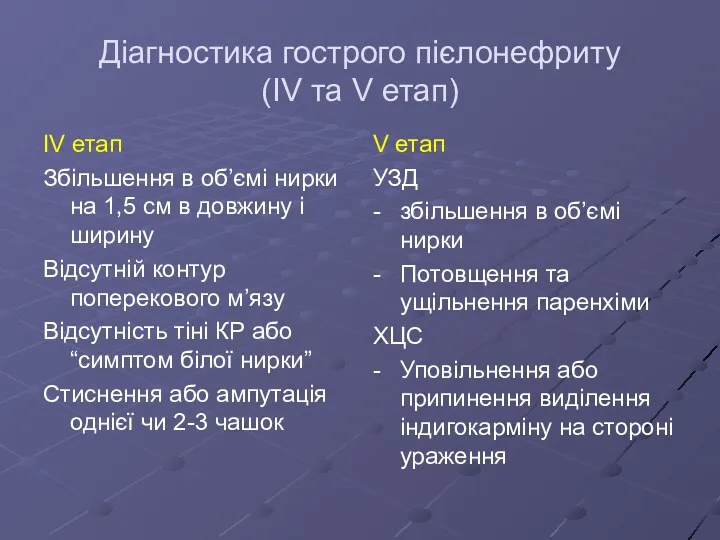 Діагностика гострого пієлонефриту (IV та V етап) IV етап Збільшення