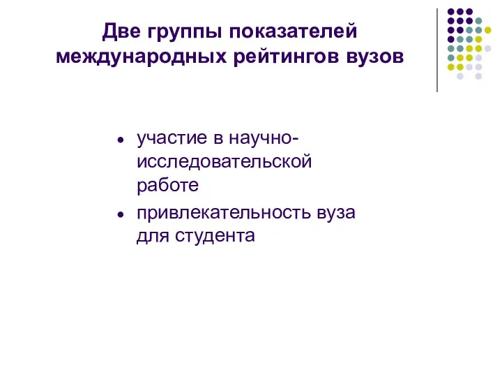 Две группы показателей международных рейтингов вузов участие в научно-исследовательской работе привлекательность вуза для студента