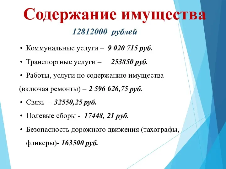Содержание имущества 12812000 рублей Коммунальные услуги – 9 020 715 руб. Транспортные услуги