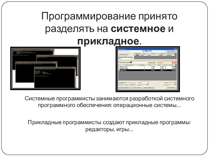 Программирование принято разделять на системное и прикладное. Системные программисты занимаются