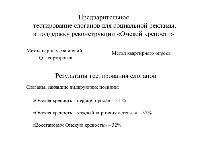 Предварительное тестирование слоганов для социальной рекламы, в поддержку реконструкции «Омской