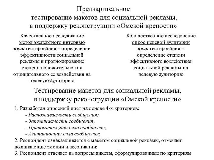 Предварительное тестирование макетов для социальной рекламы, в поддержку реконструкции «Омской