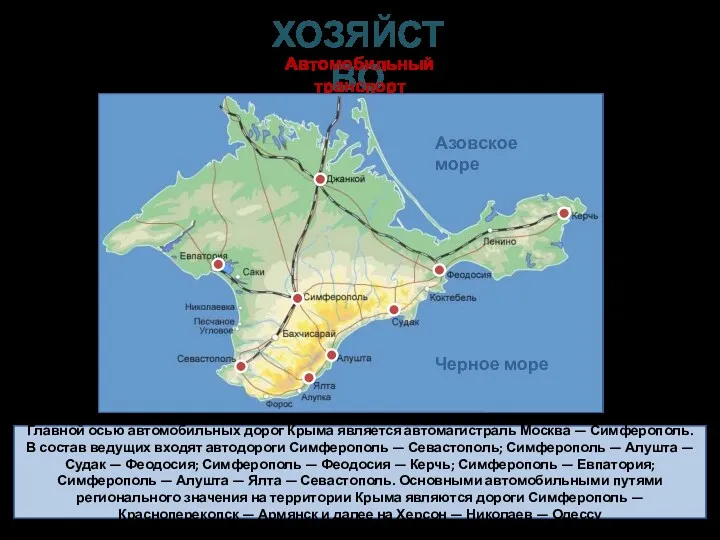 Главной осью автомобильных дорог Крыма является автомагистраль Москва — Симферополь.