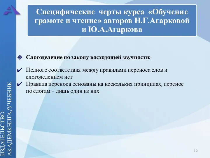 ИЗДАТЕЛЬСТВО АКАДЕМКНИГА/УЧЕБНИК Слогоделение по закону восходящей звучности: Полного соответствия между