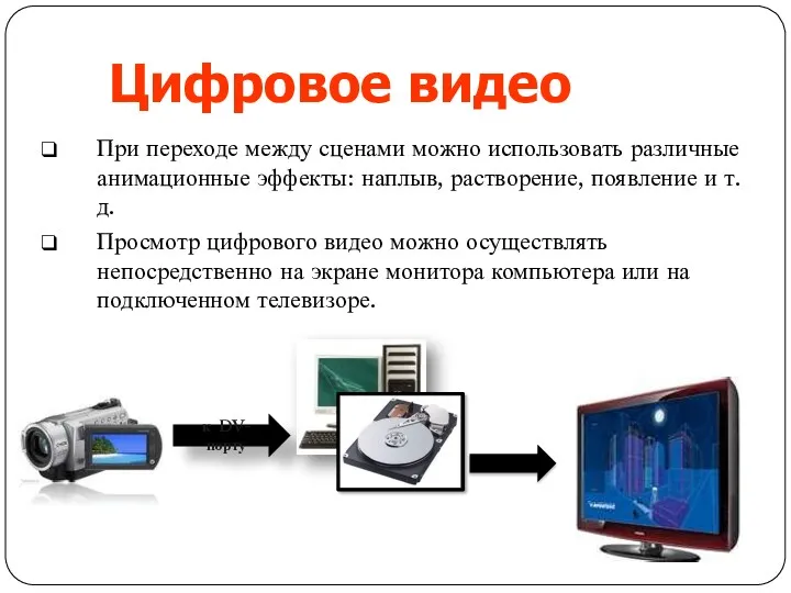 Цифровое видео При переходе между сценами можно использовать различные анимационные