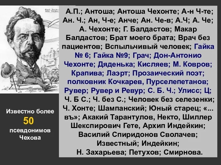 А.П.; Антоша; Антоша Чехонте; А-н Ч-те; Ан. Ч.; Ан, Ч-е;