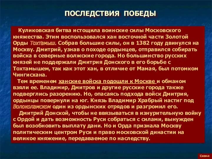 ПОСЛЕДСТВИЯ ПОБЕДЫ Схема Куликовская битва истощила воинские силы Московского княжества.