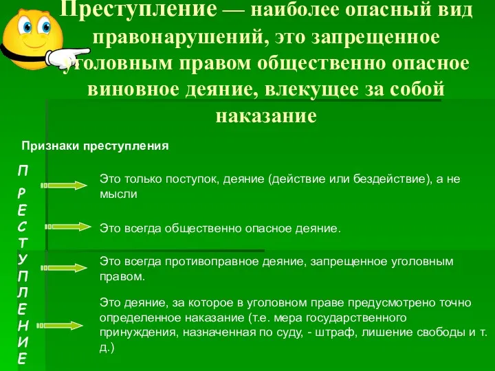 Преступление — наиболее опасный вид правонарушений, это запрещенное уголовным правом