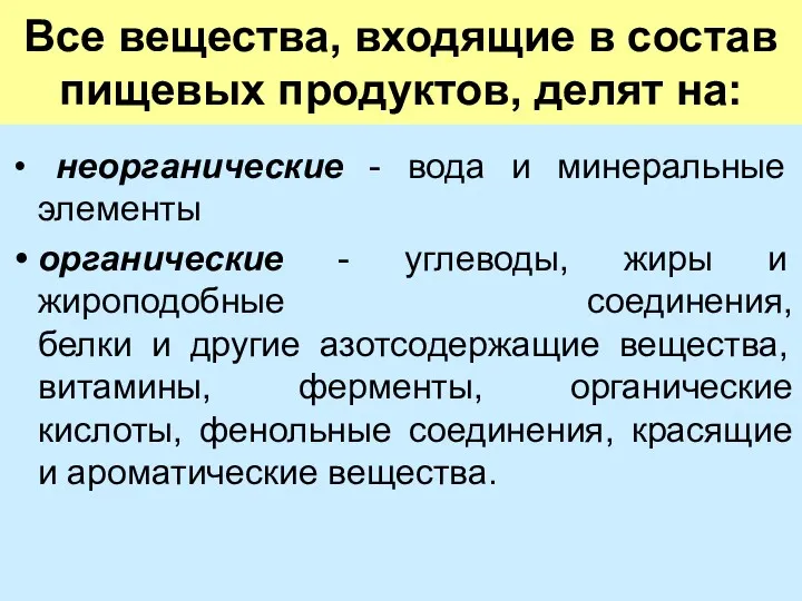 Все вещества, входящие в состав пищевых продуктов, делят на: неорганические