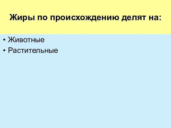 Жиры по происхождению делят на: Животные Растительные