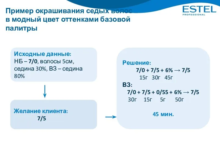 Пример окрашивания седых волос в модный цвет оттенками базовой палитры