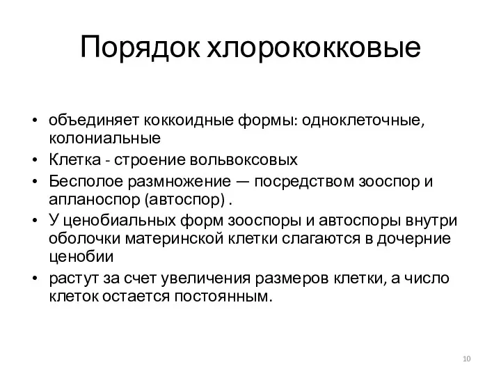 Порядок хлорококковые объединяет коккоидные формы: одноклеточные, колониальные Клетка - строение