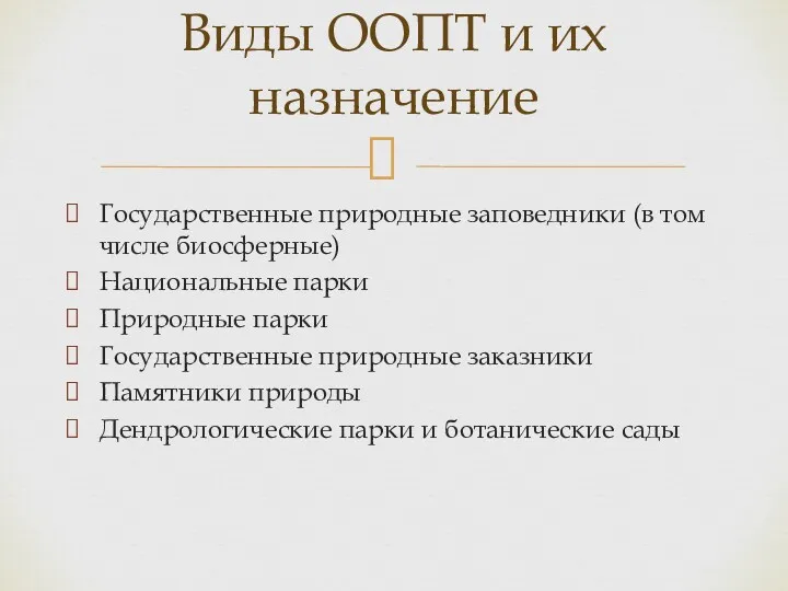 Государственные природные заповедники (в том числе биосферные) Национальные парки Природные парки Государственные природные