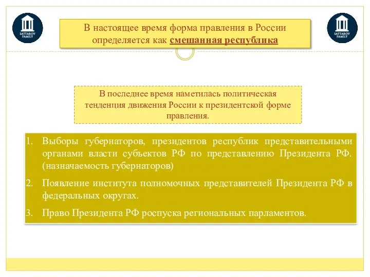 Выборы губернаторов, президентов республик представительными органами власти субъектов РФ по представлению Президента РФ.