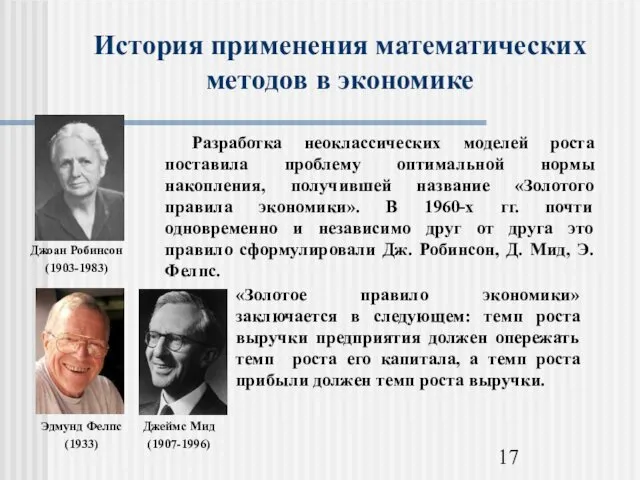 История применения математических методов в экономике Джоан Робинсон (1903-1983) Эдмунд Фелпс (1933) Джеймс Мид (1907-1996)