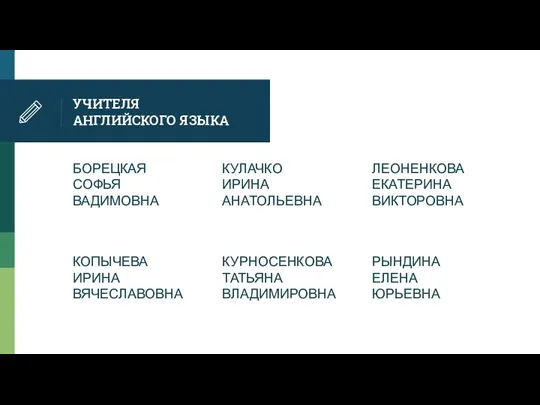 УЧИТЕЛЯ АНГЛИЙСКОГО ЯЗЫКА КОПЫЧЕВА ИРИНА ВЯЧЕСЛАВОВНА КУЛАЧКО ИРИНА АНАТОЛЬЕВНА КУРНОСЕНКОВА