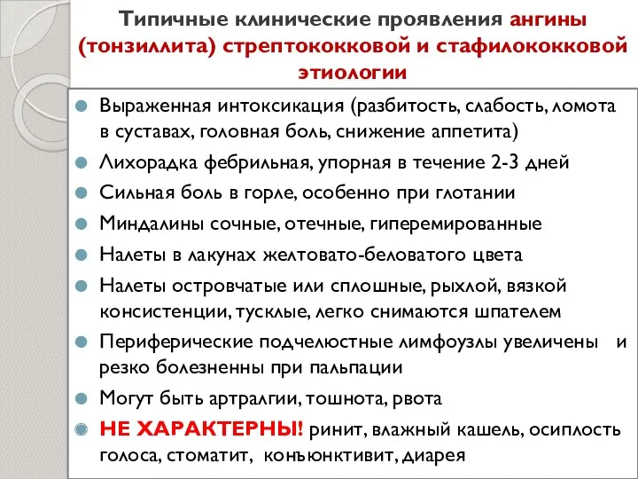 Типичные клинические проявления ангины (тонзиллита) стрептококковой и стафилококковой этиологии Выраженная