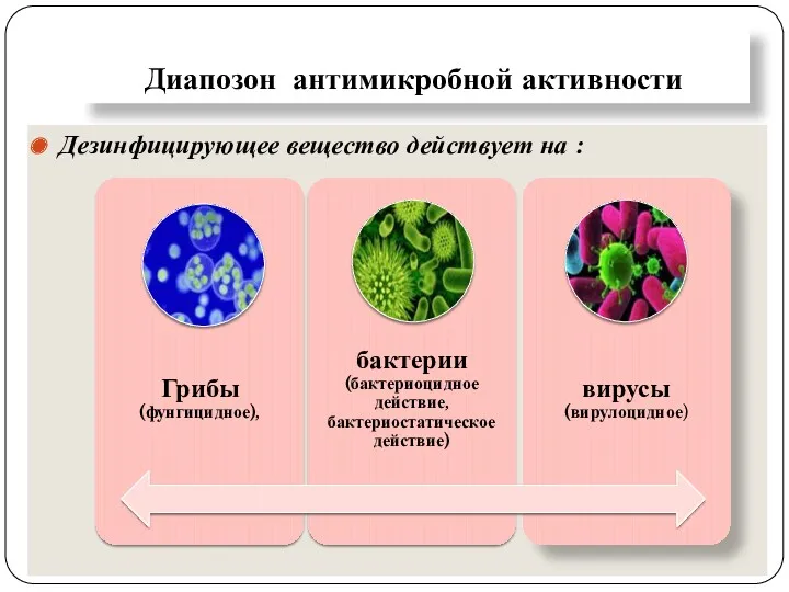 Диапозон антимикробной активности Дезинфицирующее вещество действует на :