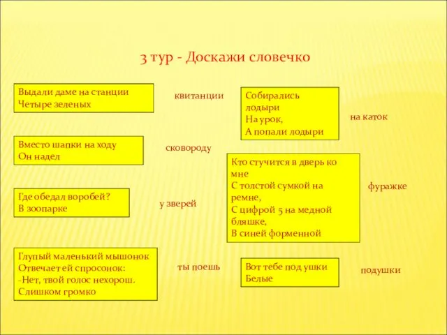 3 тур - Доскажи словечко Выдали даме на станции Четыре зеленых квитанции Вместо