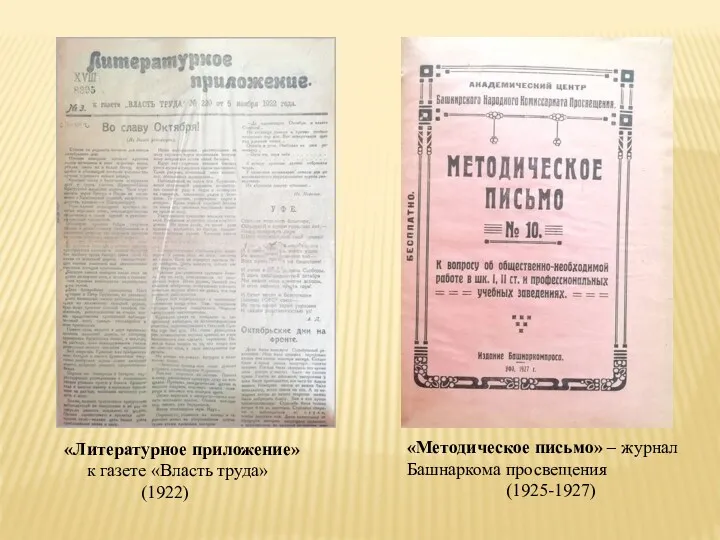 «Литературное приложение» к газете «Власть труда» (1922) «Методическое письмо» – журнал Башнаркома просвещения (1925-1927)