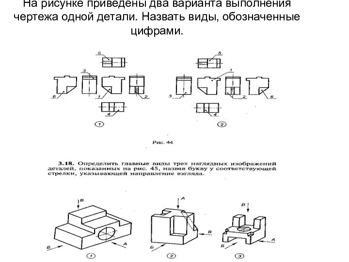 На рисунке приведены два варианта выполнения чертежа одной детали. Назвать виды, обозначенные цифрами.