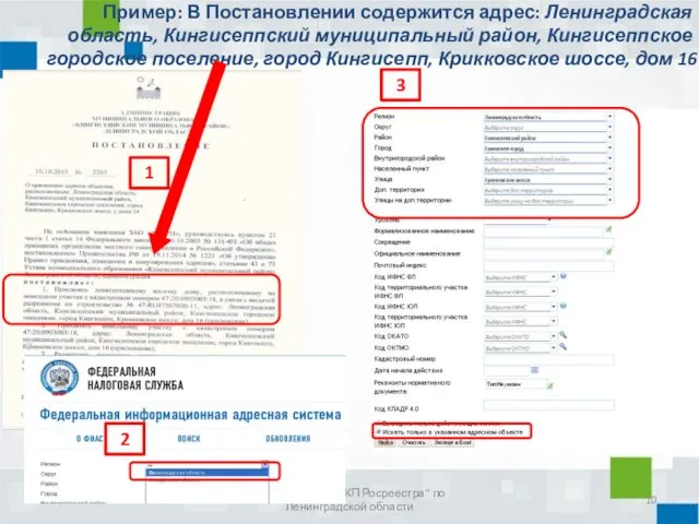 Пример: В Постановлении содержится адрес: Ленинградская область, Кингисеппский муниципальный район,