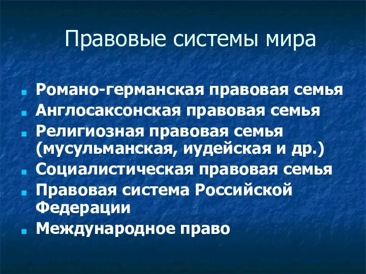 Правовые системы мира Романо-германская правовая семья Англосаксонская правовая семья Религиозная правовая семья (мусульманская,