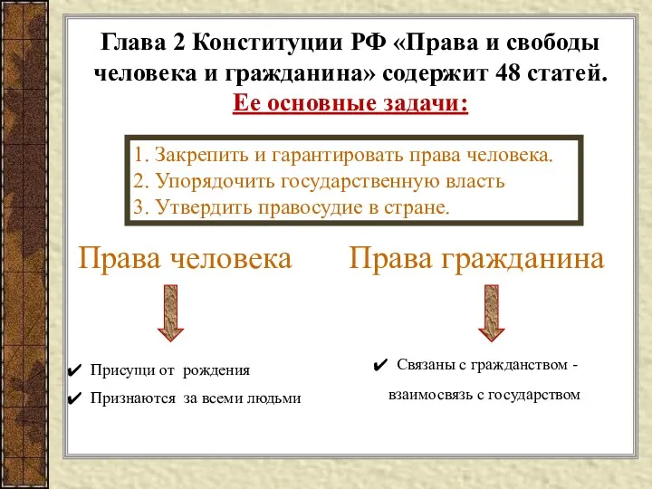 Глава 2 Конституции РФ «Права и свободы человека и гражданина» содержит 48 статей.