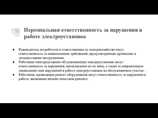 Персональная ответственность за нарушения в работе электроустановок Руководитель потребителя и