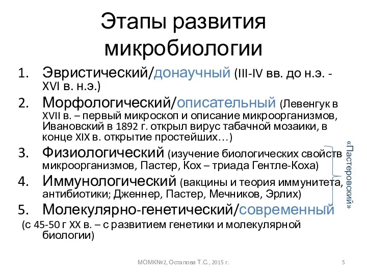 Этапы развития микробиологии Эвристический/донаучный (III-IV вв. до н.э. - XVI