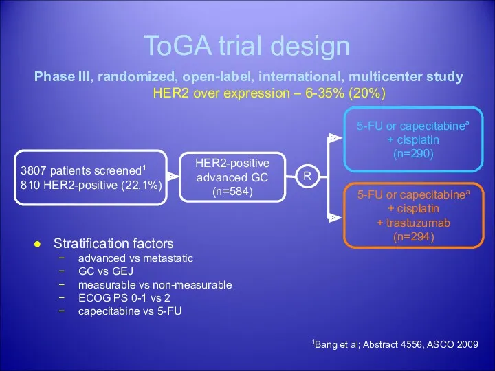 ToGA trial design HER2-positive advanced GC (n=584) 5-FU or capecitabinea