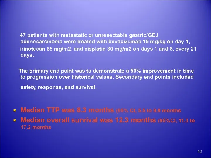 47 patients with metastatic or unresectable gastric/GEJ adenocarcinoma were treated