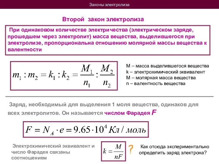 Законы электролиза Второй закон электролиза При одинаковом количестве электричества (электрическом