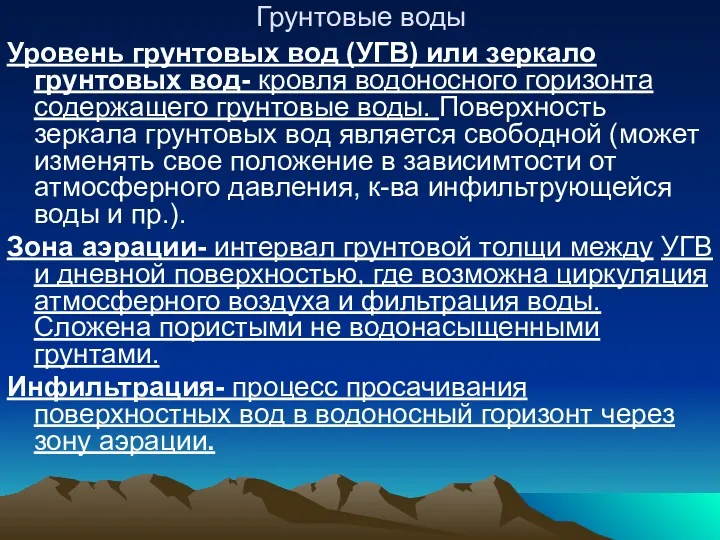 Грунтовые воды Уровень грунтовых вод (УГВ) или зеркало грунтовых вод-