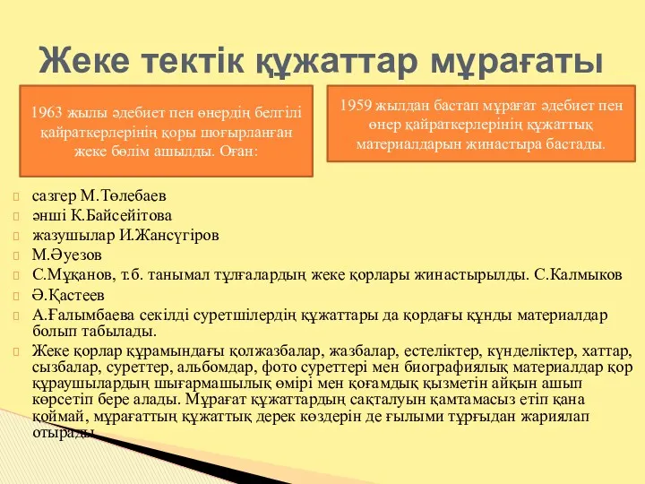 сазгер М.Төлебаев əнші К.Байсейітова жазушылар И.Жансүгіров М.Əуезов С.Мұқанов, т.б. танымал