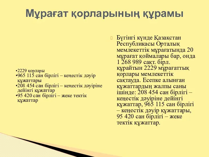 Бүгінгі күнде Қазақстан Республикасы Орталық мемлекеттік мұрағатында 20 мұрағат қоймалары